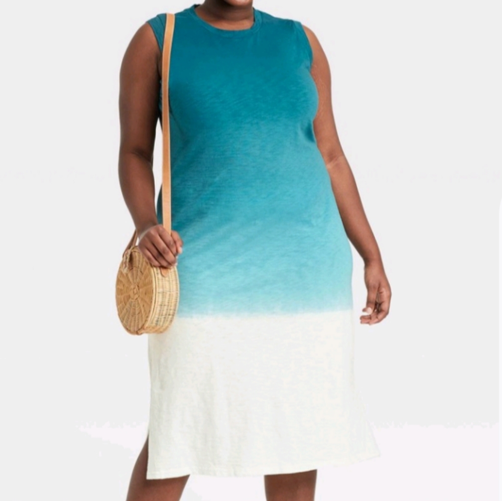 Plus Size Blue & White Ombre Dip Dye Sleeveless Cotton Sleeveless Tank Dress 4X